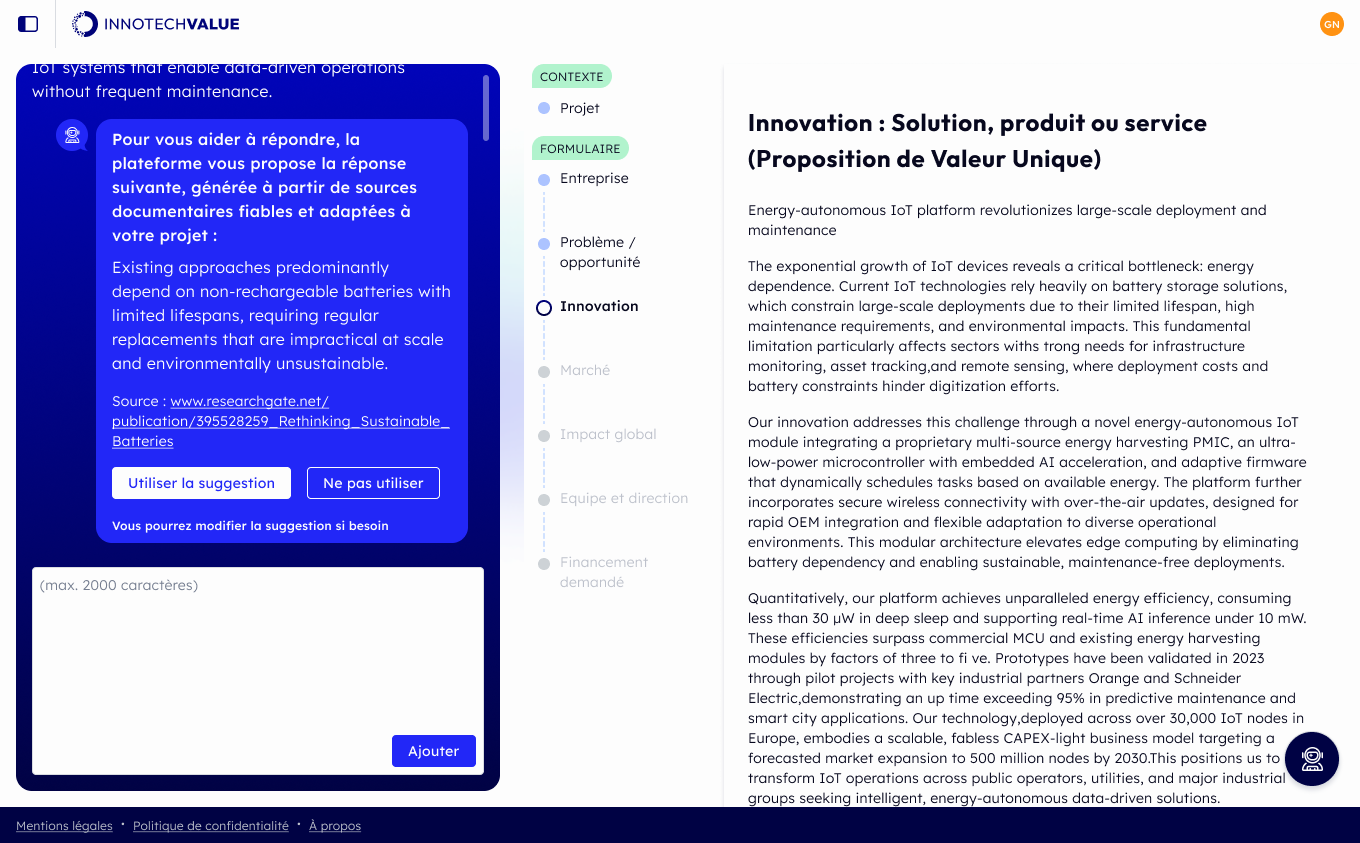écran montrant une étape de la création du dossier de financement